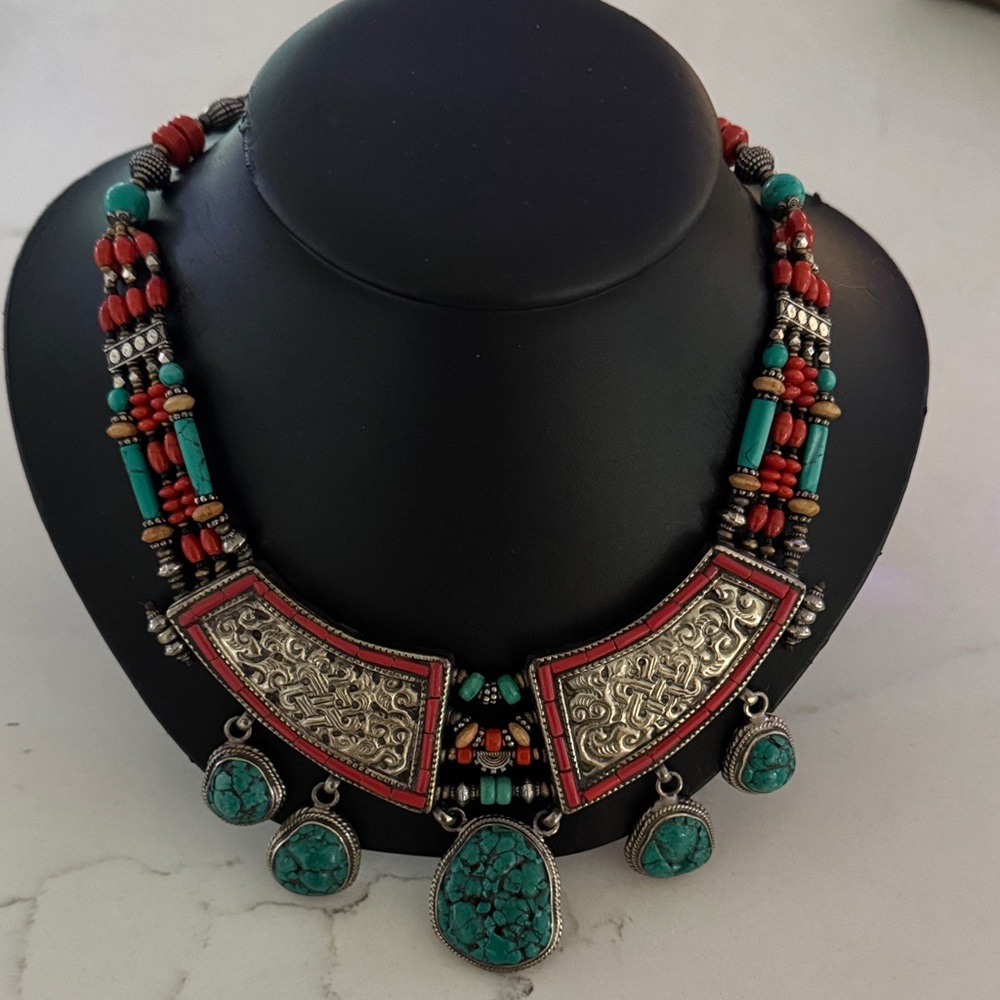 Nepali Artisan 925 Silver and Turquoise Statement Necklace